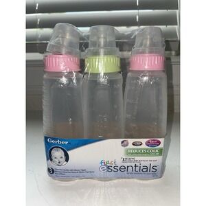 GERBER 2010 FIRST ESSENTIALS 3 PACK BOTTLES 9oz REDUCE COLIC SILICONE‎ NIPPLE